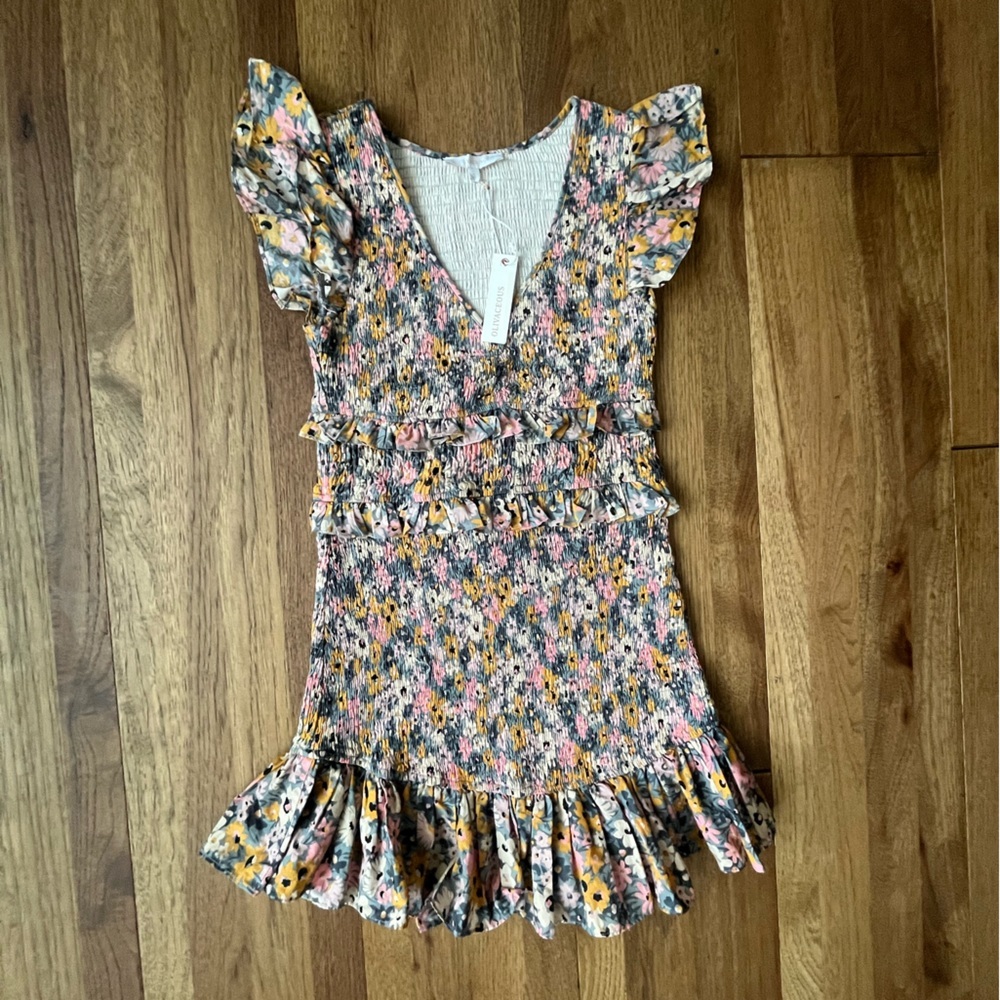 NWT Olivaceous Ruched Floral Mini Dress Ruffle Sleeves Sz S Coquette‎ Cottage